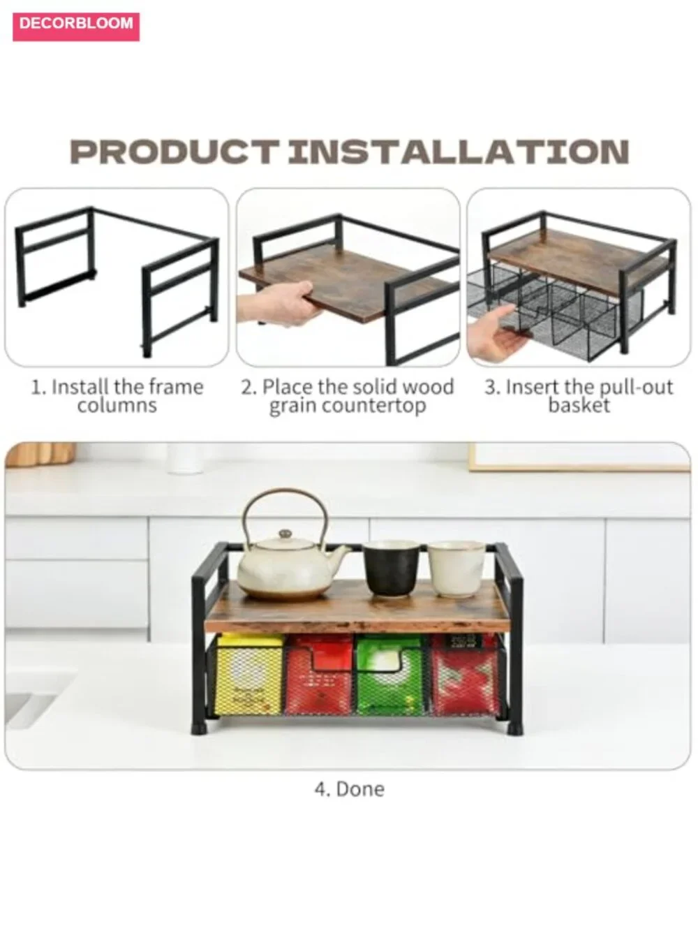 Wooden Tea Bag Organizer with 8-Compartment Pull-Out Drawer
